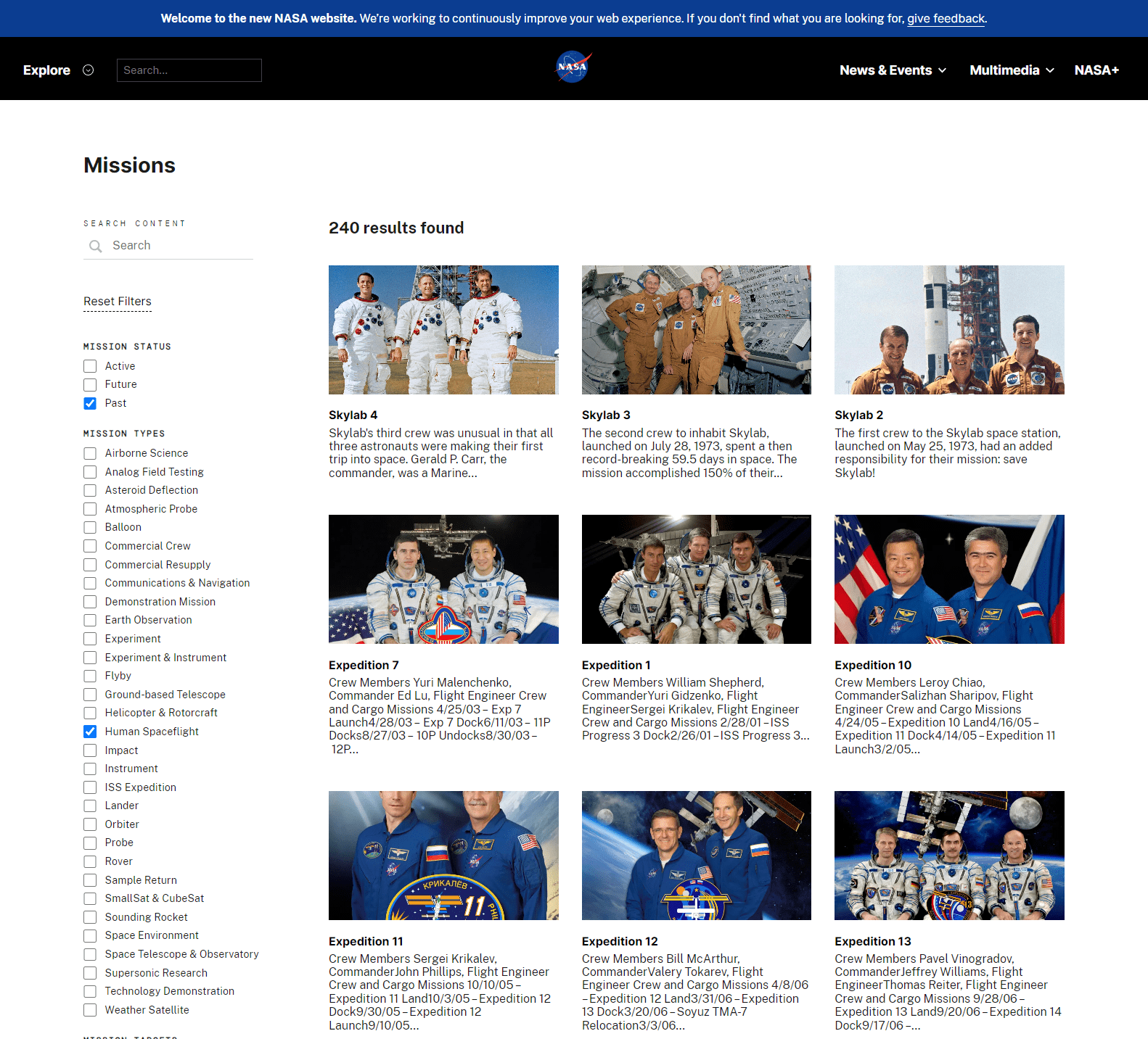 Missions Hub page with data filtering options on www.nasa.gov