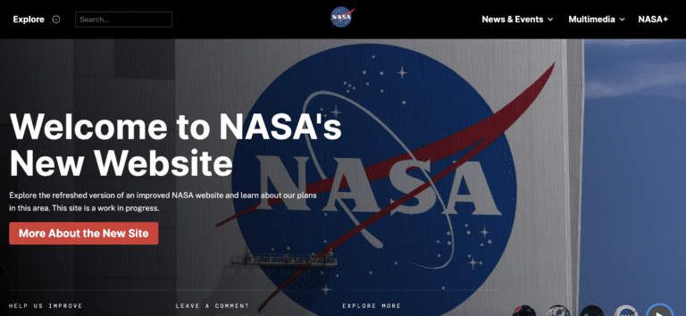 Screenshot of NASA's WordPress website with welcome message