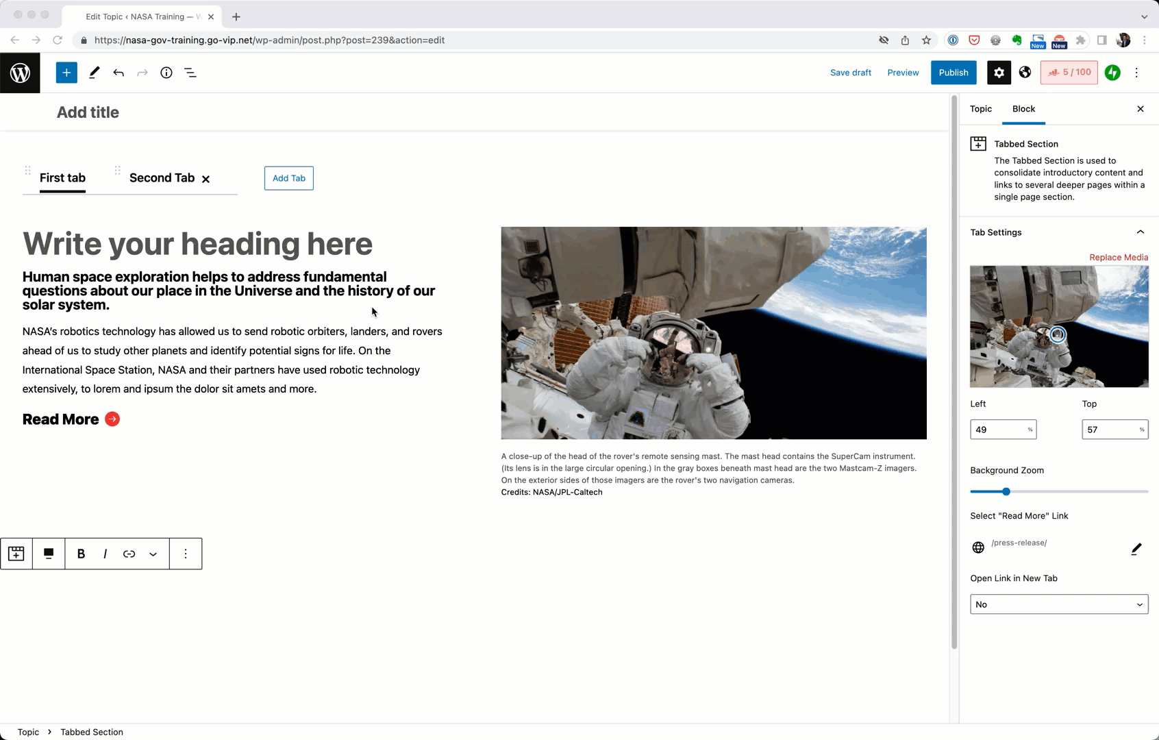 Animation of the tabbed content gutenberg block of the NASA WordPress CMS