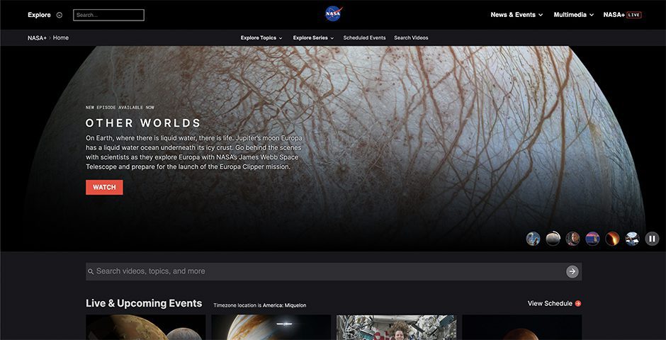 Homepage of plus.nasa.gov on a desktop browser